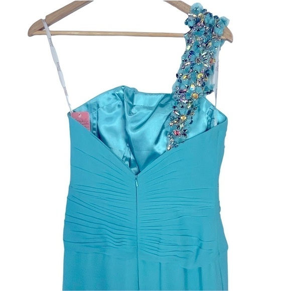 TONY BOWLS BEADED ONE SHOULDER HIGH SLIT CASCADE TRAIN PROM PAGEANT FORMAL GOWN - Picture 6 of 16